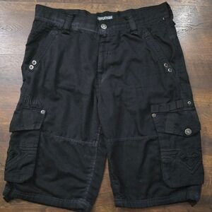 Y2K Affliction Black Premium Buckle Exclusive Cargo Shorts Mens 33 Embroidered